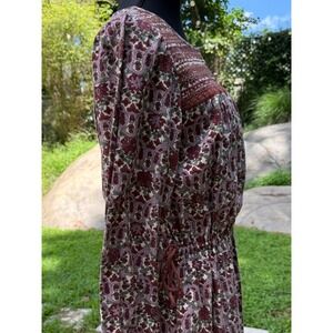 Thursday Island Floral Smocked Boho Midi Dress Burgundy Multi Long Sleeve